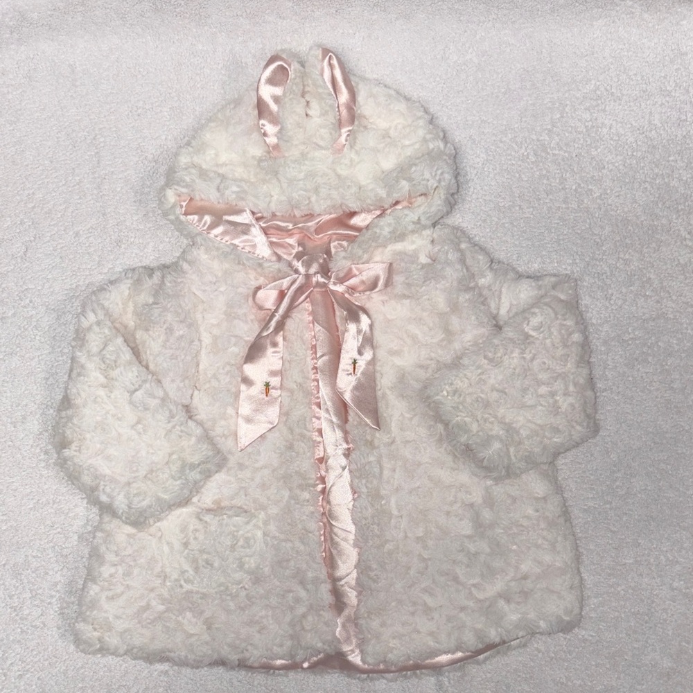 Bunnies by the Bay White fleece pink satin lined bunny ear hooded coat 6/12m